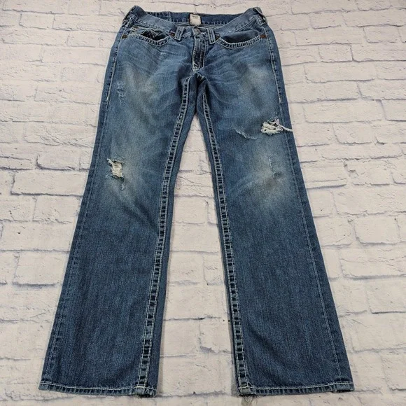 True Religion Ricky Big T Jeans Mens 33X34 Blue Distressed Bootcut VTG Y2K USA