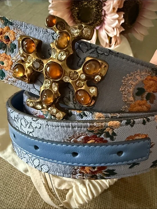 Rare TORY BURCH Eleanor Brocade Crystal Jewel Embellished Belt in Sea Frost Blue