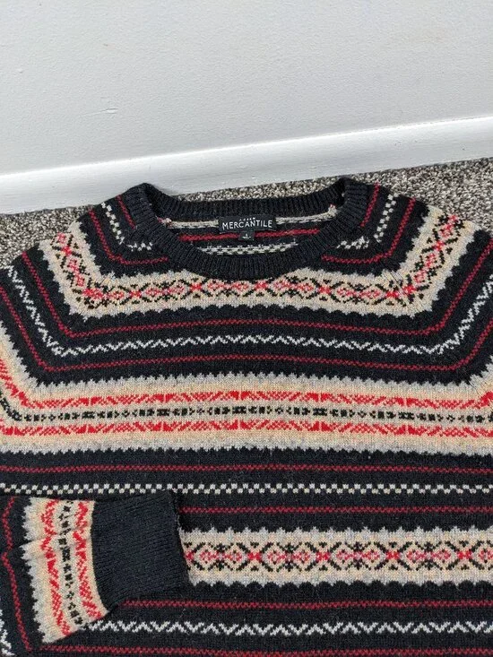 J Crew Sweater Fair Isle Lambswool Crewneck Raglan Pullover Black Red Mens Large