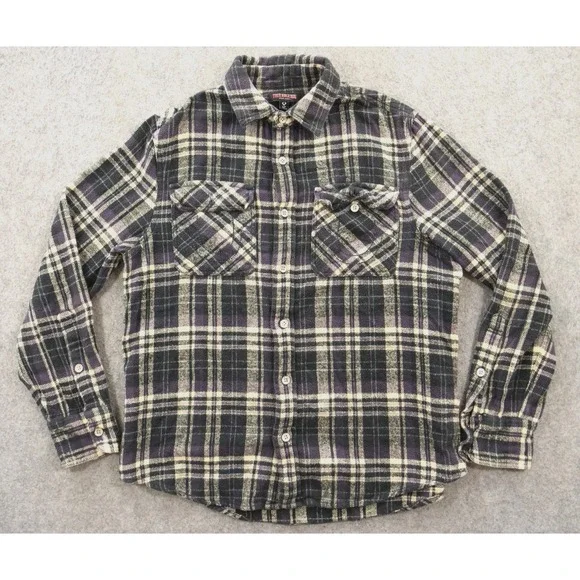 True Religion Shirt Mens Small Gray Button Plaid Flannel Long Sleeve Logo Print