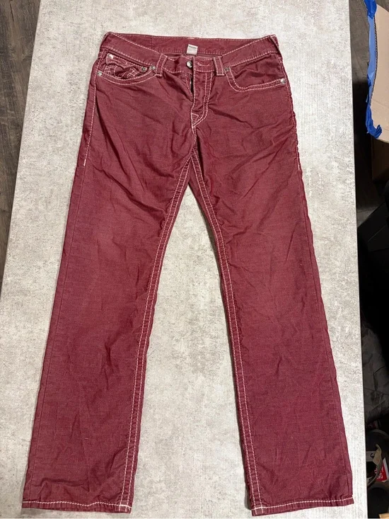 True Religion Men’s Straight Jeans Red Burgundy White Stitch MX3B59NBT Y2K