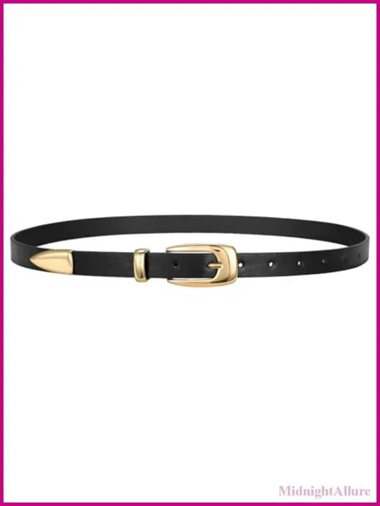 Women's Skinny PU Leather Belt with Gold Buckle Adjustable Thin Waist Belt