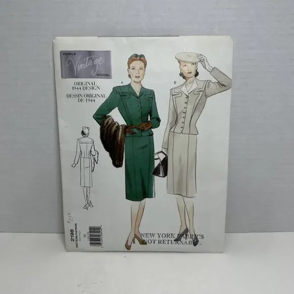 VTG Vogue 1944 WW2 Retro Model- Suit / Top Skirt Costume Sewing Pattern 2198 S10