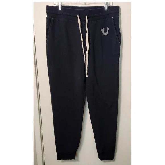 True Religion Black Men's Sweatpants Joggers Drawstring Waist Logo Pockets Large