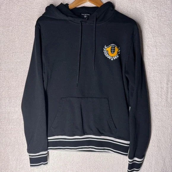 True Religion Collegiate Pullover Hoodie Men's Large Black Chenille Logo Y2K