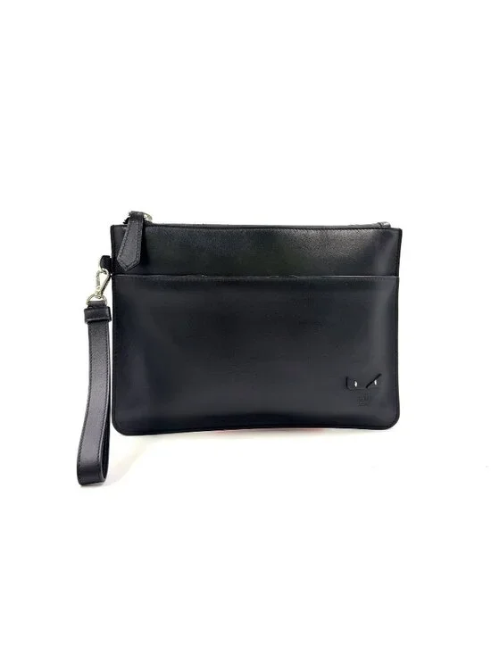 Fendi Mini Occhi Eyes Bugs Monster Leather Black Clutch Silver
