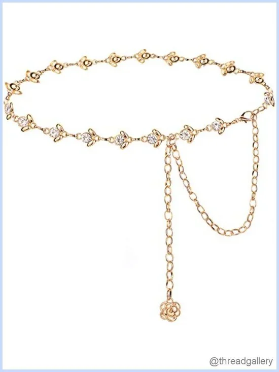 Rhinestone Waist Chain Belt Gold Tone Alloy Adjustable Body Chain for Dress
