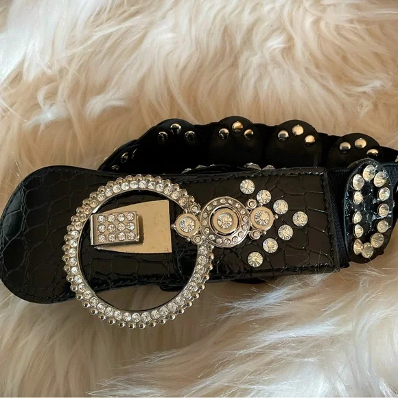 Black Faux Crystal Stretchy Belt