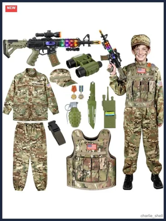 Kids Army Soldier Costume Set 5-Piece Camo Vest Jacket Pants Hat Belt Toy Props