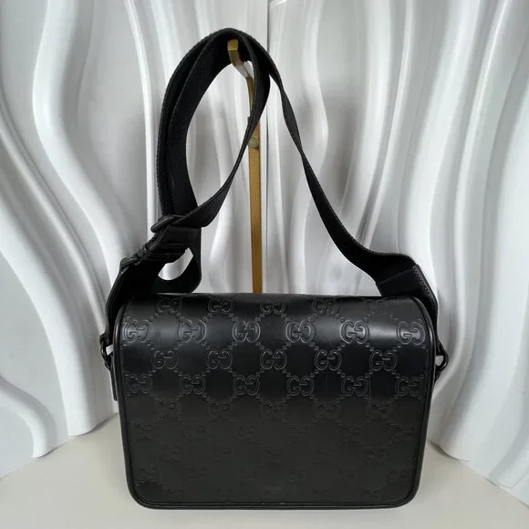 Gucci Black GG Rubber-Effect Leather Messenger Bag