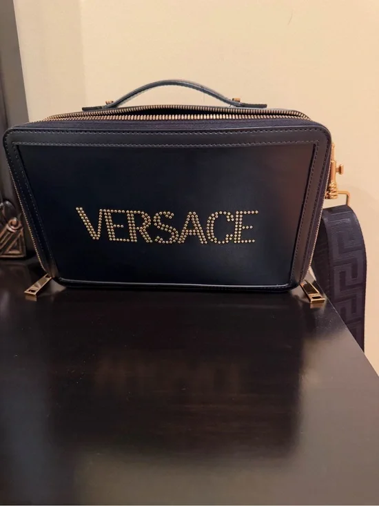 Versace Black Leather Stud Logo Messenger Bag with Gold Hardware