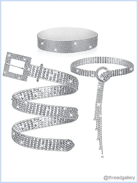3 Pc Rhinestone Chain Belt Set Crystal Bling Waistband for Women Dresses
