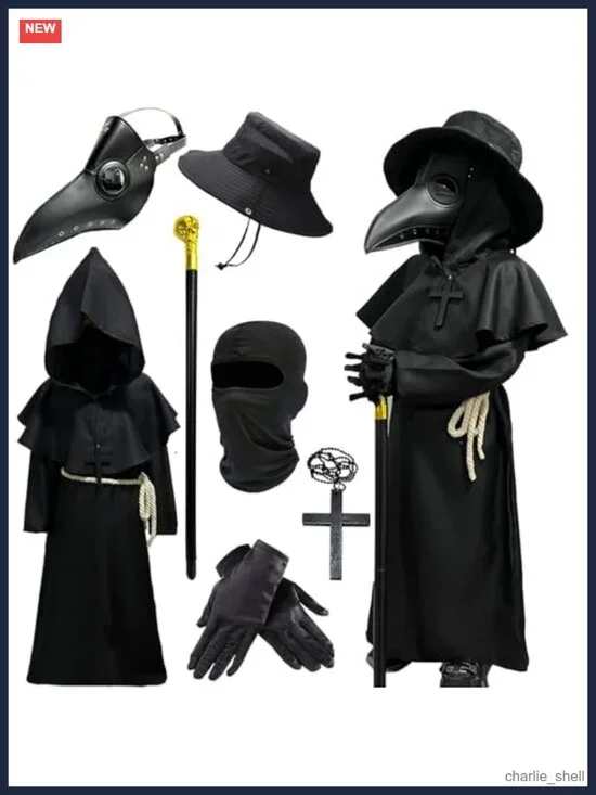 Kids Plague Doctor Halloween Costume 7-Pc Set PU Leather Robe Mask