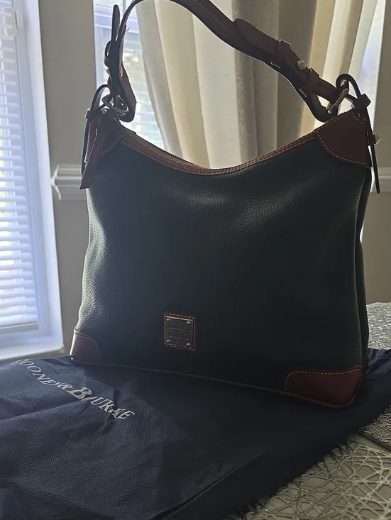 Dooney & Bourke Black Pebble Leather Messenger Bag with Brown Trim
