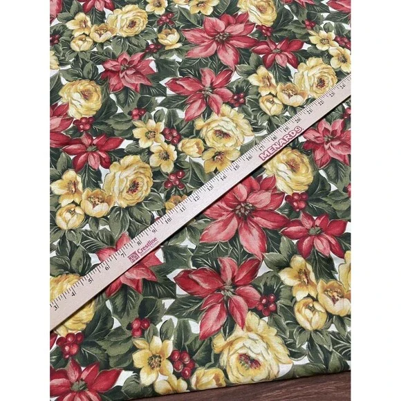 Xmas Christmas Fabric Poinsettias Rose Cranston Cotton Home Decor Metallic BTY