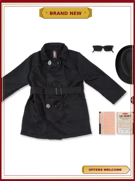 Spy Costume Role Play Set Trench Coat Fedora Hat Decoder Lens Ages 5-8