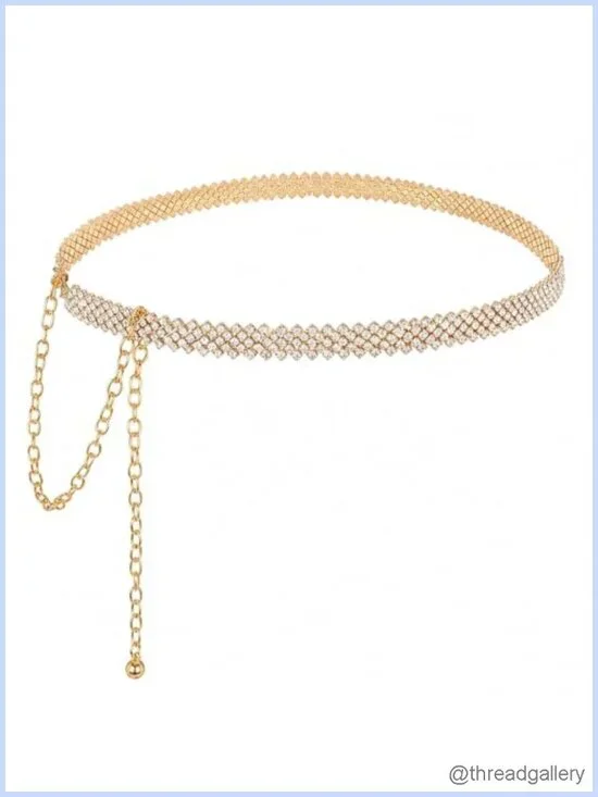 Rhinestone Chain Belt Gold-Tone Sparkly Bling Shimmering Beads Waist Belt