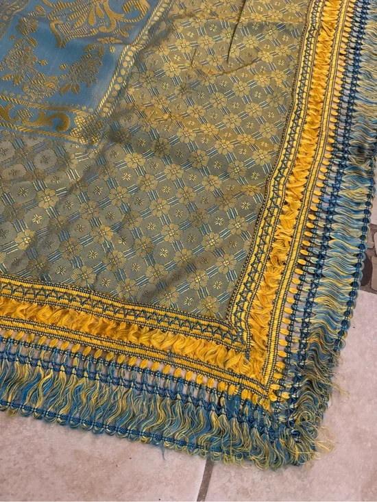Large Blue Gold Jacquard Decorator Textile Fabric Panel 90x107 Fringe Like New