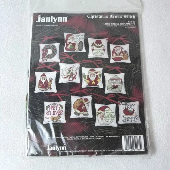 New Janlynn Tiny Tinsel Christmas Ornaments Cross Stitch Kit Set 1991 #34-63
