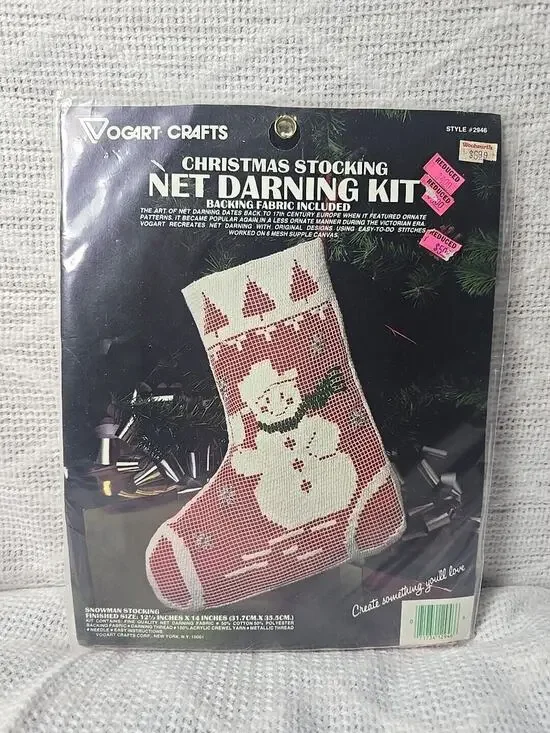 Vintage Vogart Crafts Christmas Stocking Net Darning Kit Snowman Style 2946