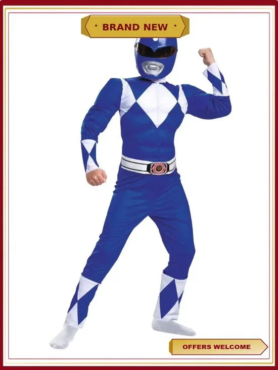 Boys Mighty Morphin Blue Power Ranger Muscle Jumpsuit Costume Size 4-6