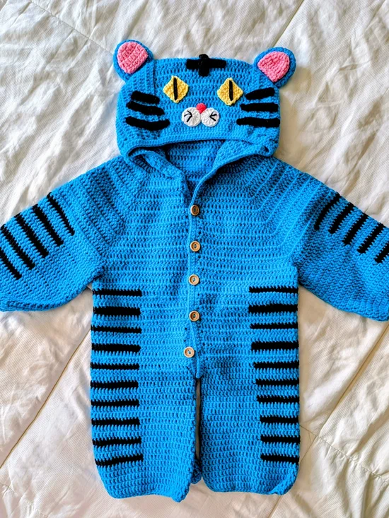 Handmade Blue Tiger Hooded One-Piece for Kids