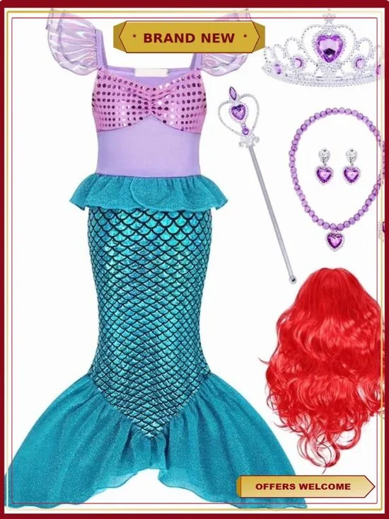 Girls Mermaid Princess Costume Dress Up with Red Wig Cosplay