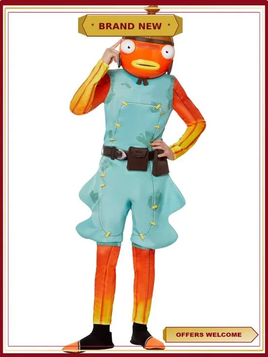 Fortnite Fishstick Halloween Costume Boys Size L 5-Piece Jumpsuit Mask