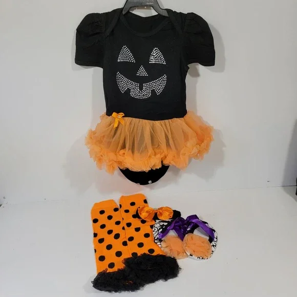 AOZKY Baby Girls Halloween Pumpkin Tutu Bodysuit Leg Warmers Shoes Set 6-12M