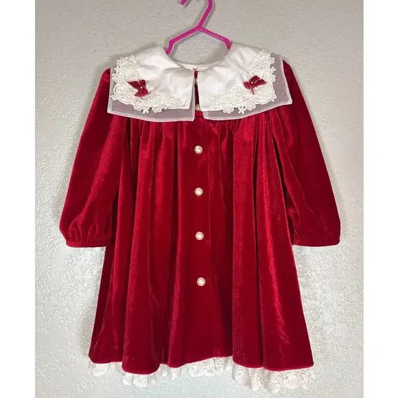 Vintage 80s Red Velvet Dress Toddler Girls 2T Sailor Collar Long Sleeve Lace Hem