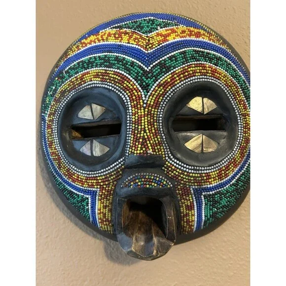 African Beaded Wall Mask Bamileke Style Cameroon Hand Carved Wood Tribal Art
