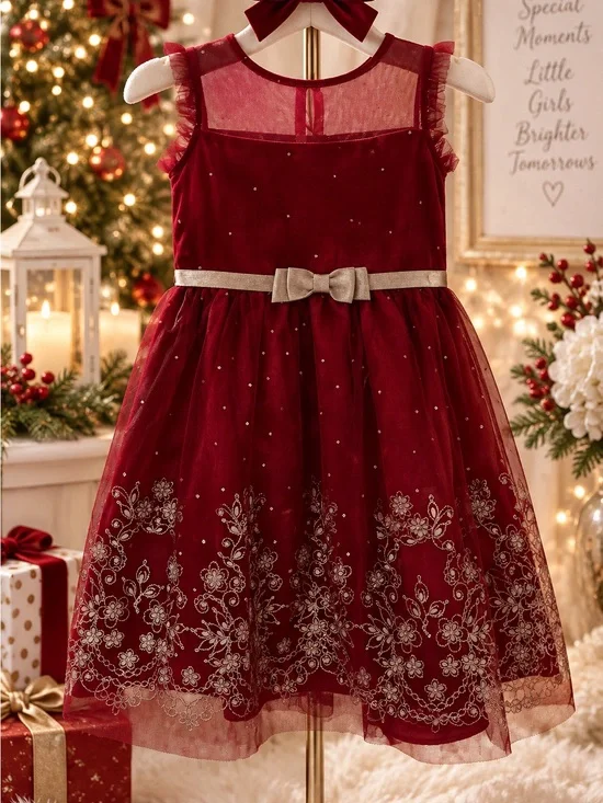 Jona Michelle Girls 7 Burgundy Red Gold Christmas Holiday Party Dress
