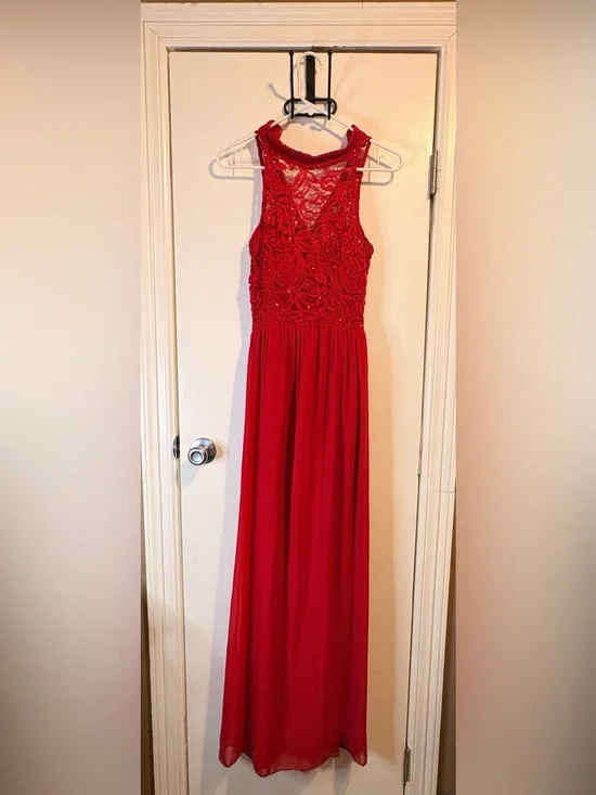 Red Lace Maxi Dress| Formal Evening Dress | Red Chiffon