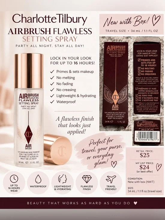 NWT Charlotte Tilbury Airbrush Flawless Setting Spray Travel Size 34mL