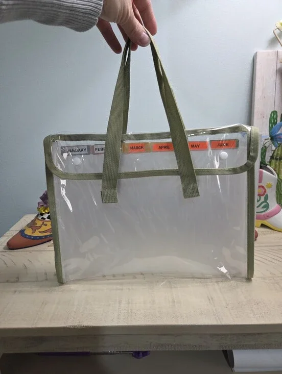 Clear Monthly Organizer Tote Bag PVC Document File Holder Green Trim 12 Tabs-EUC