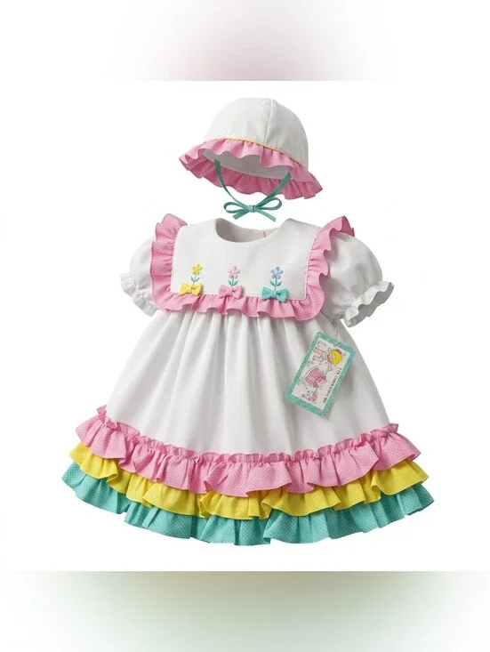 Vintage Sears 2 Piece Dress And Sun Hat Set Ruffle Polka Dot