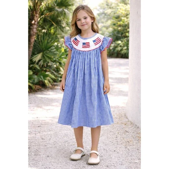 PLEATS & STITCHES Kids Girls‎ Smocked Dress 5 USA Flags Check Blue 100% HANDMADE