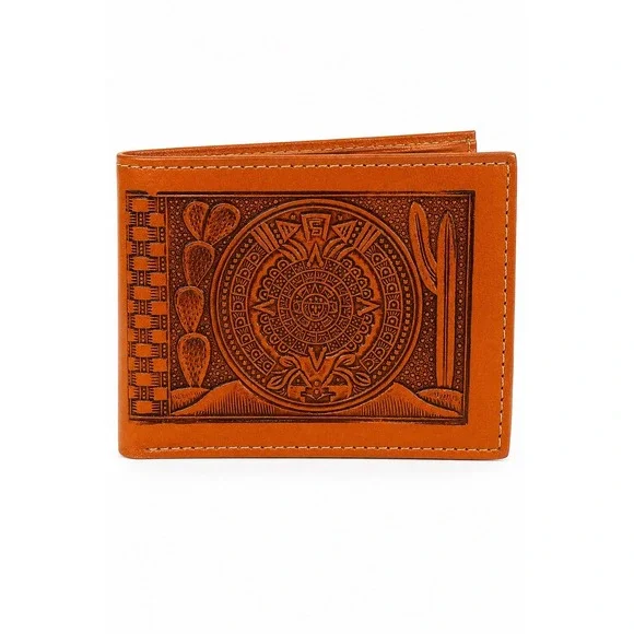 NEW‎ Handcrafted Western Tooled Leather Aztec Calendar Bifold Wallet Southwest