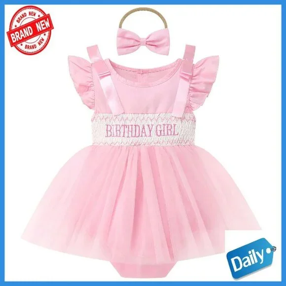Baby Girl Birthday Tutu Romper Dress with Headband Set