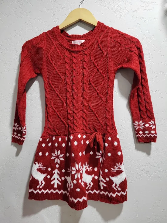 Girls' Red Cable-Knit Holiday Dress with Festive White Motif