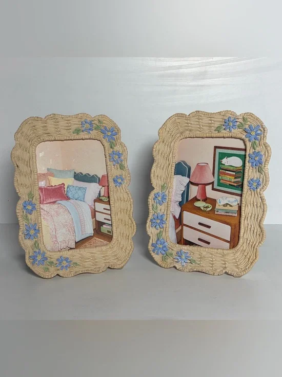 Shabby Chic Set of 2 Wicker Look Blue Floral Picture Frames Cottagecore 4x6