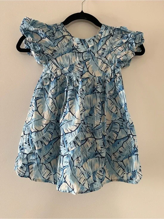 Janie and Jack Blue Tropical Palm Leaf Flutter Sleeve Dress 4 Cotton Summer