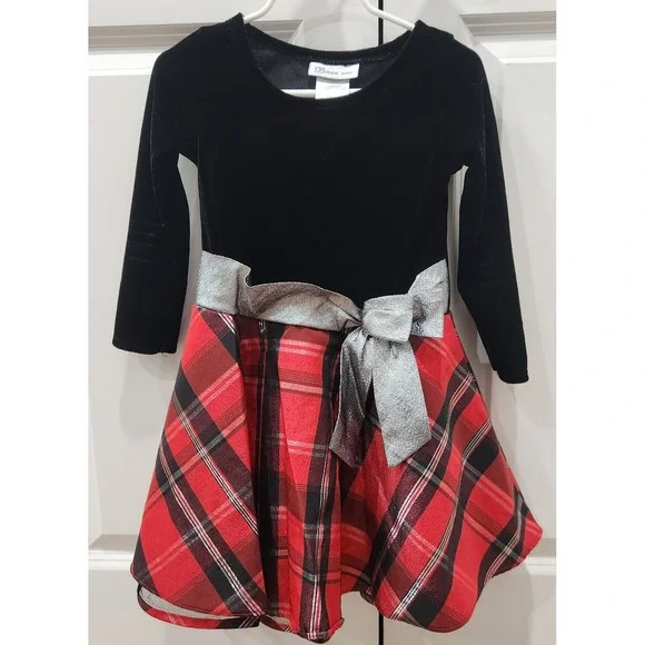 Bonnie Jean Girls Black‎ Velvet Red Plaid Silver Holiday Dress Christmas Size 4T