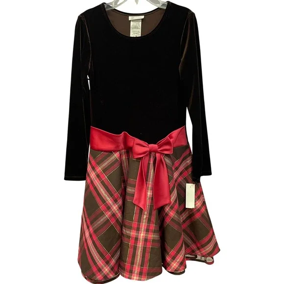 Bonnie Jean Girls Brown Plaid Velvet Long Sleeve Christmas Holiday Dress Size 14