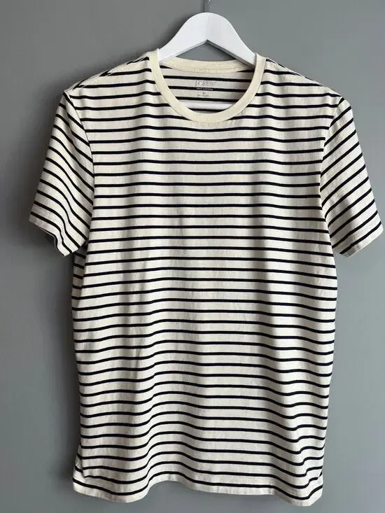 J.Crew Mens Striped Tee Ivory Navy Size M Nautical Breton Classic Preppy