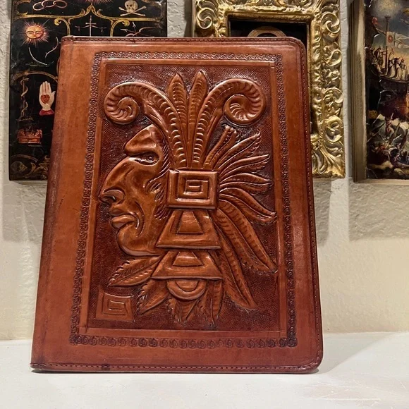 Vintage Tooled‎ Leather Portfolio with Mayan/Aztec Motifs