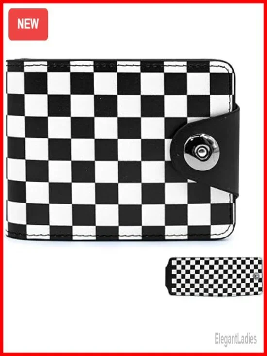 Checkered Slim Bifold Credit Wallet RFID Blocking Card Holder Zipper Coin Pocket