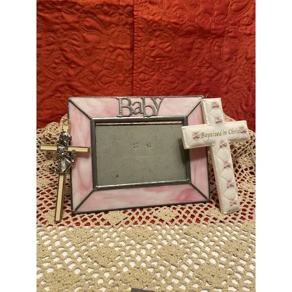 Baby Girl Shower/Baptism Gift‎ Pink Stained Glass Photo Frame & 2 Crosses