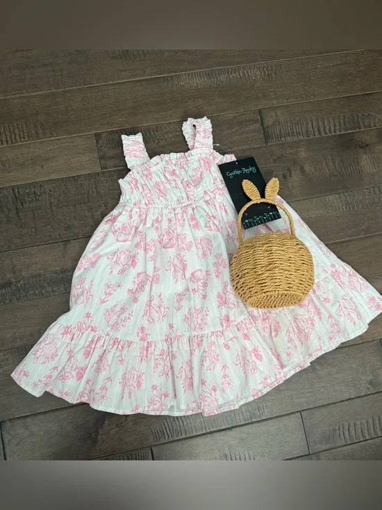 Cynthia Rowley Easter Dress Girls 4T Pink Bunnies Rabbits Spring with Basket
