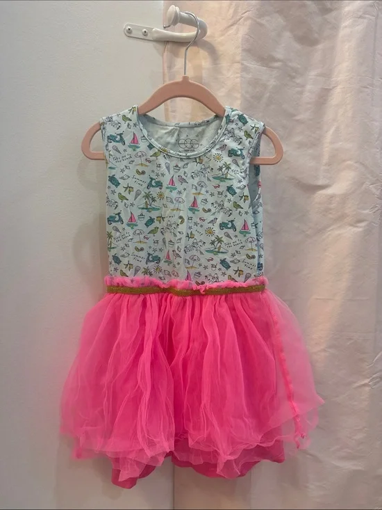 Girls' Pink Tulle Skirt Dress with Printed Bodice